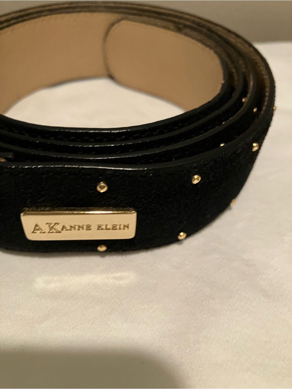 Anne Klein Black Studded Belt with Gold Logo Plaque